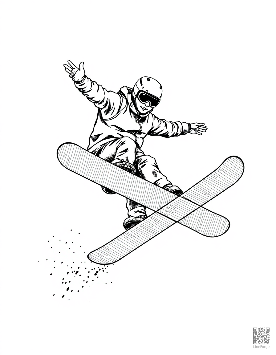 snowboarder doing a trick in the air coloring page Crosshatch style - free printable