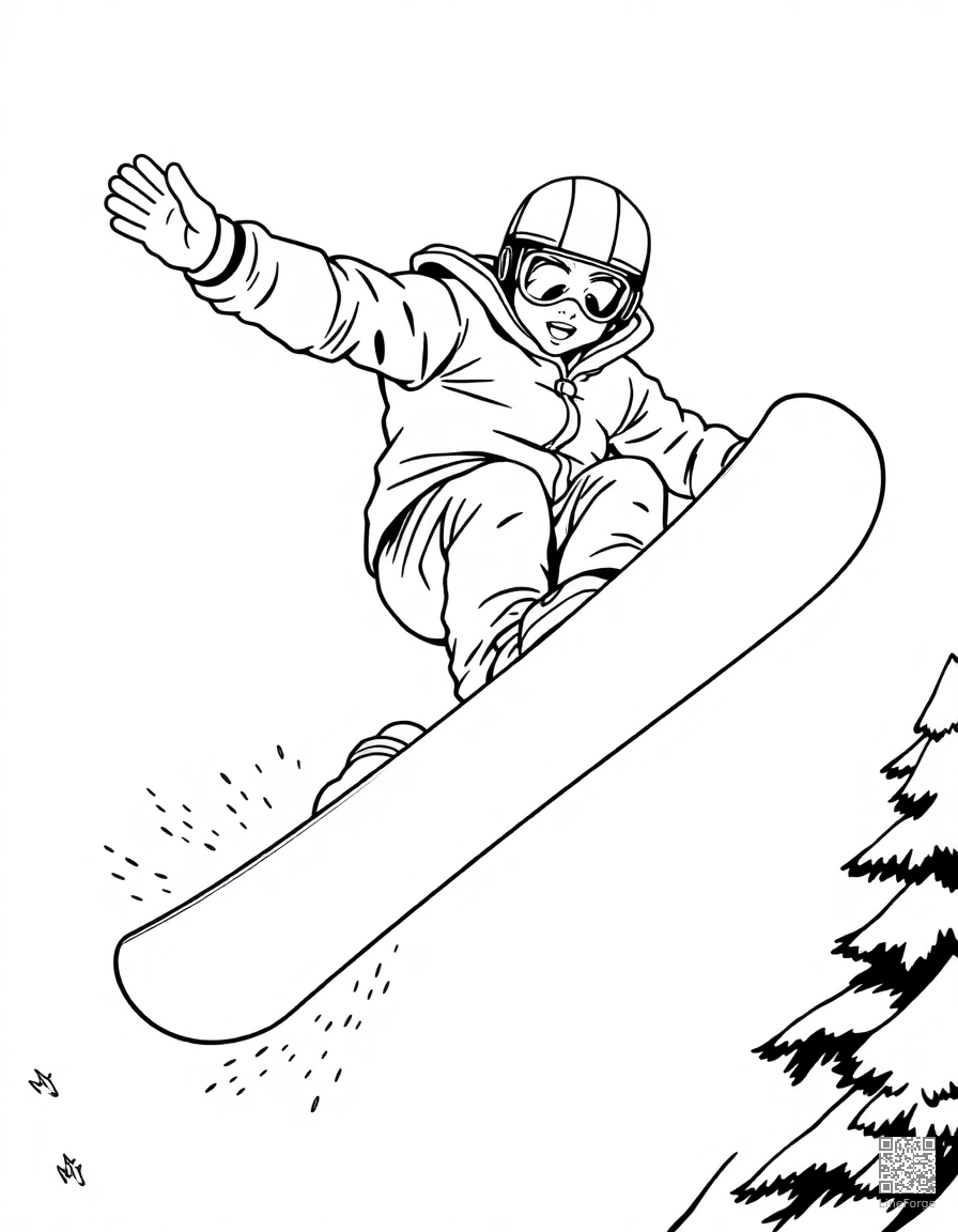 snowboarder doing a trick in the air coloring page Manga style - free printable