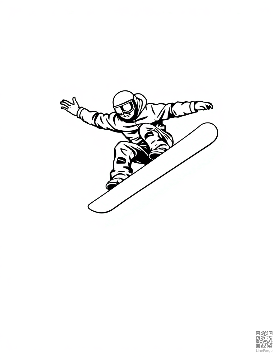 snowboarder doing a trick in the air coloring page Woodcut style - free printable