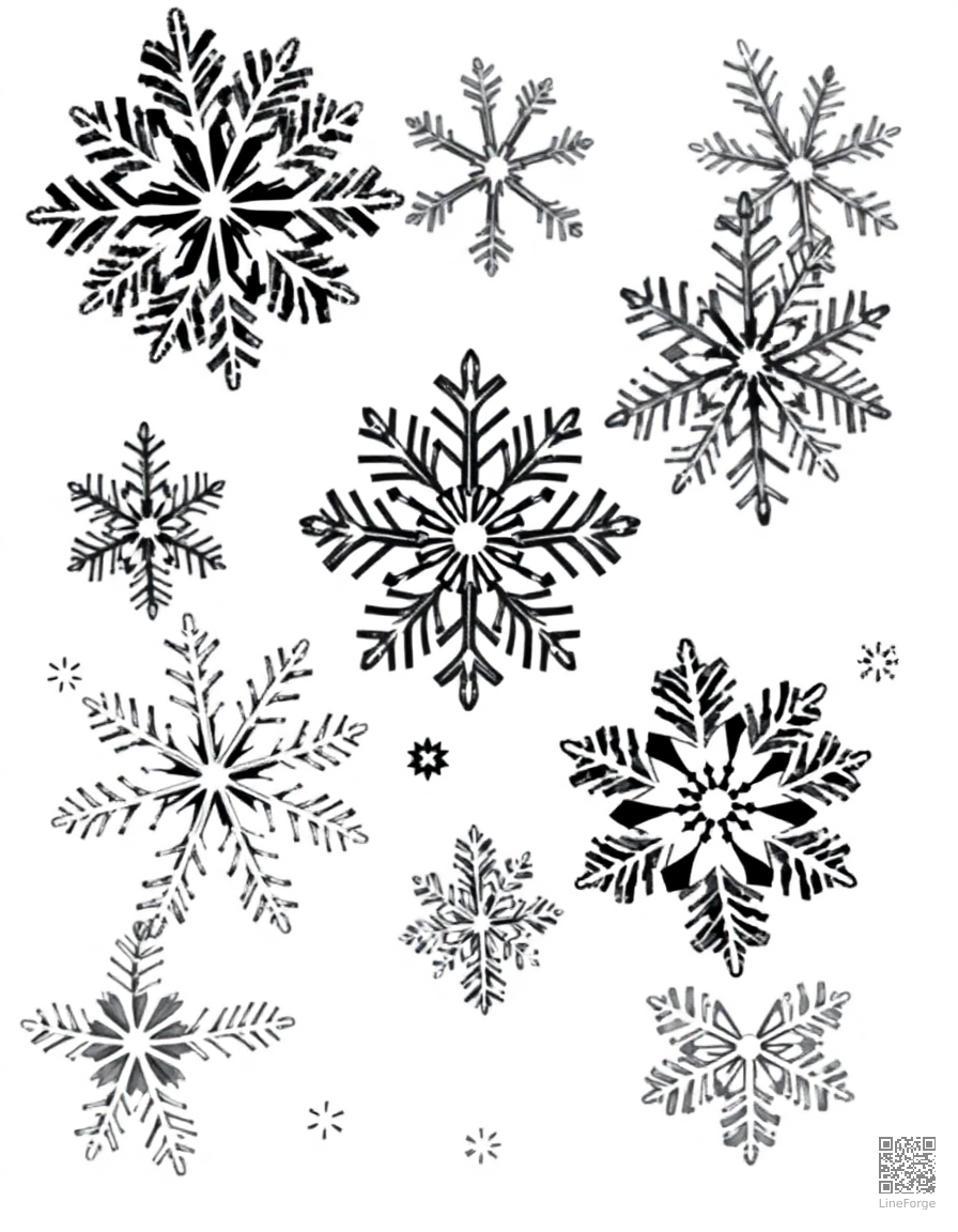 snowflake collection with unique designs coloring page Crosshatch style - free printable