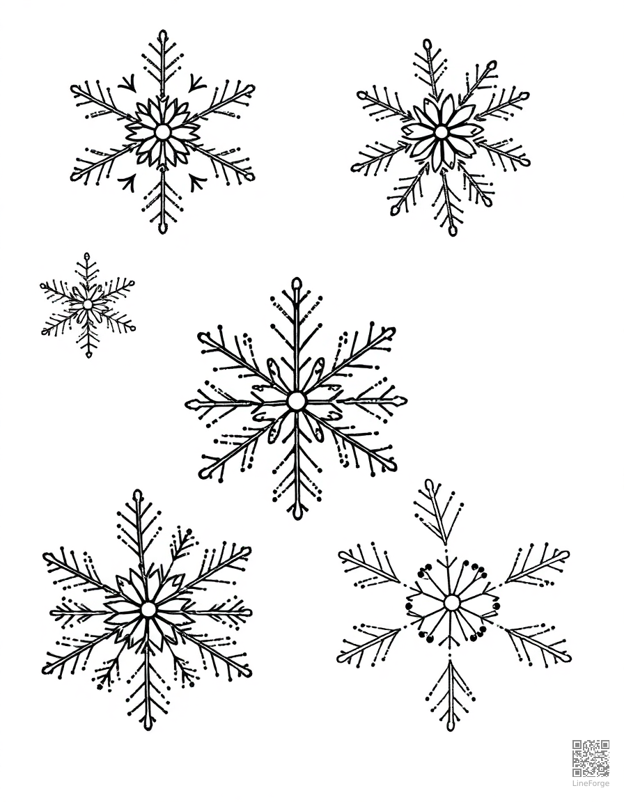 snowflake collection with unique designs coloring page Stipple style - free printable