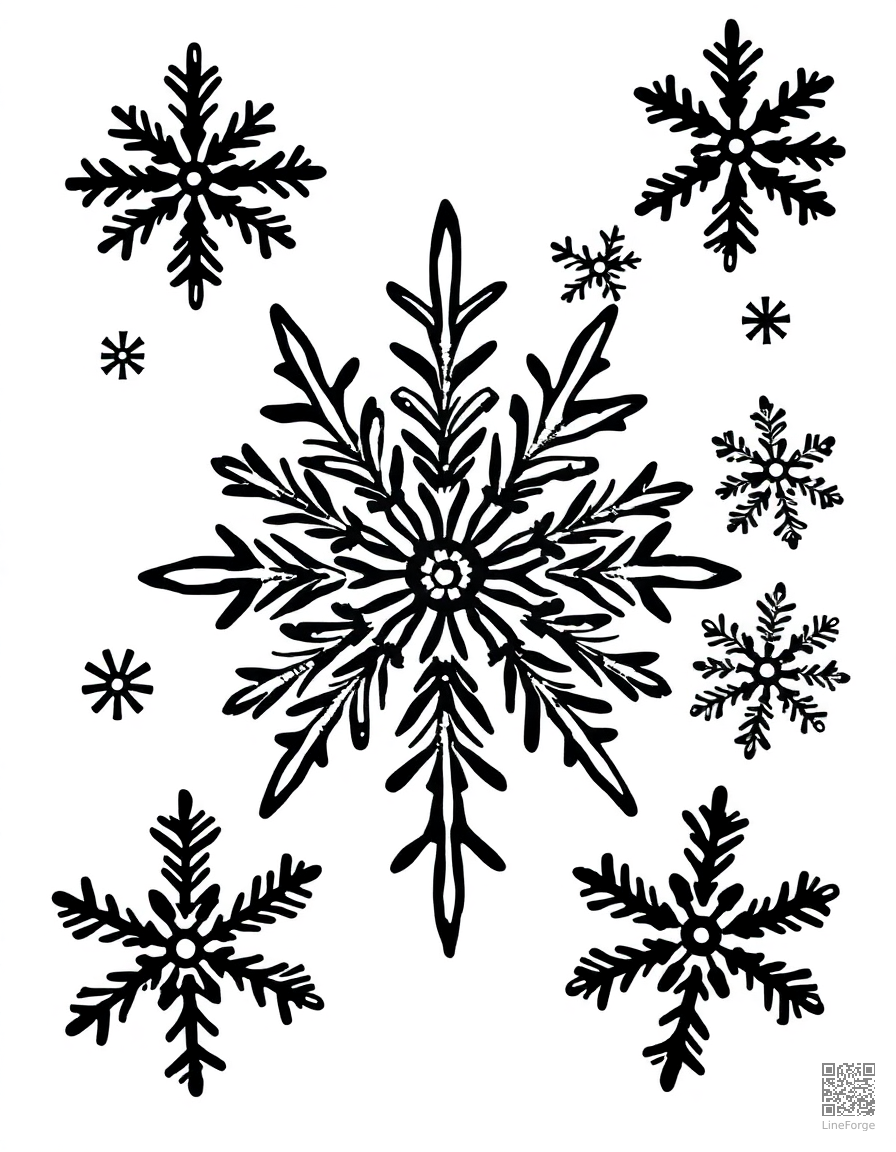 snowflake collection with unique designs coloring page Woodcut style - free printable