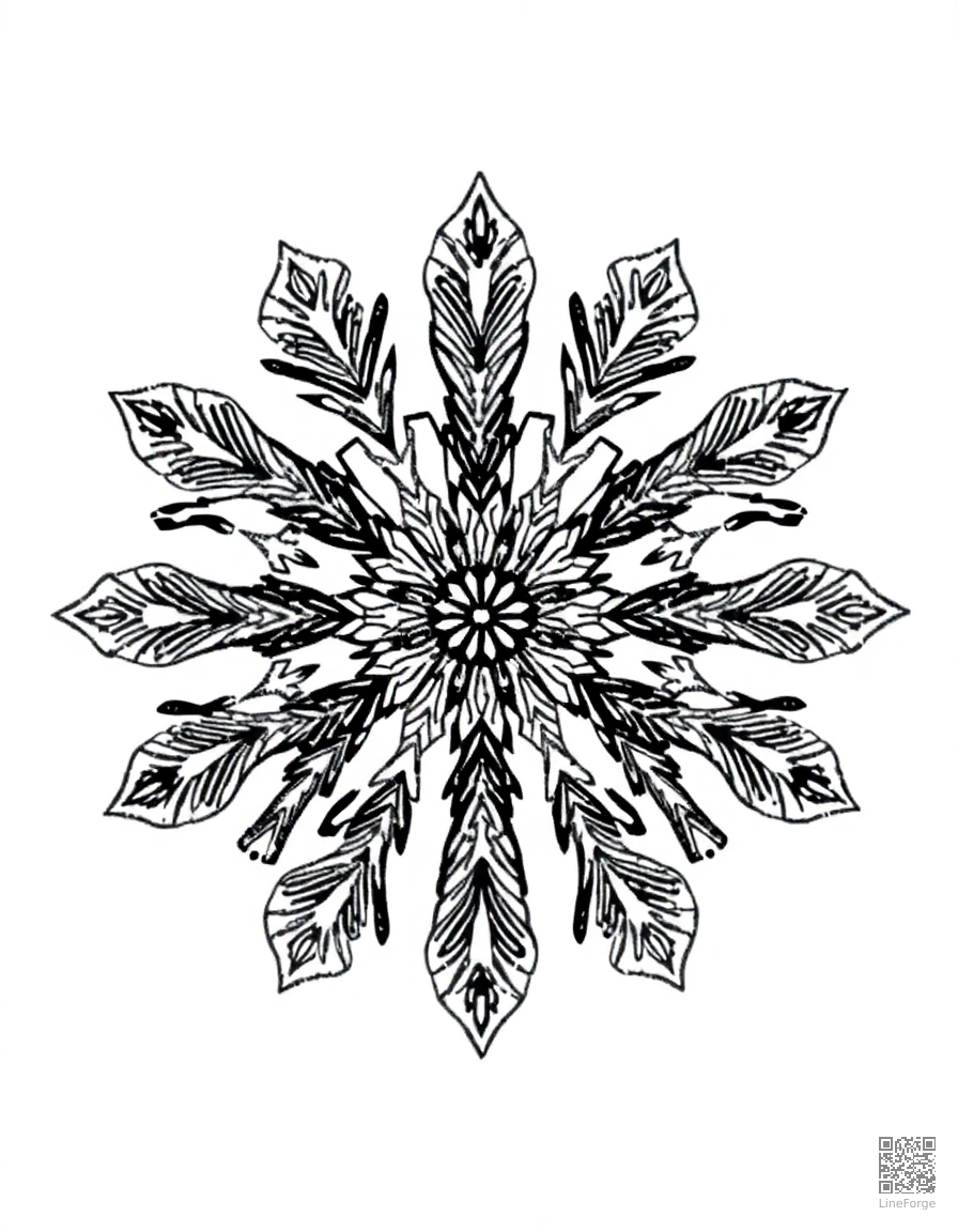 snowflake mandala with crystal patterns coloring page Crosshatch style - free printable