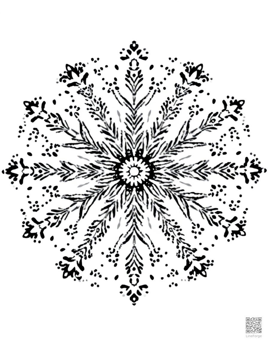 snowflake mandala with crystal patterns coloring page Stipple style - free printable