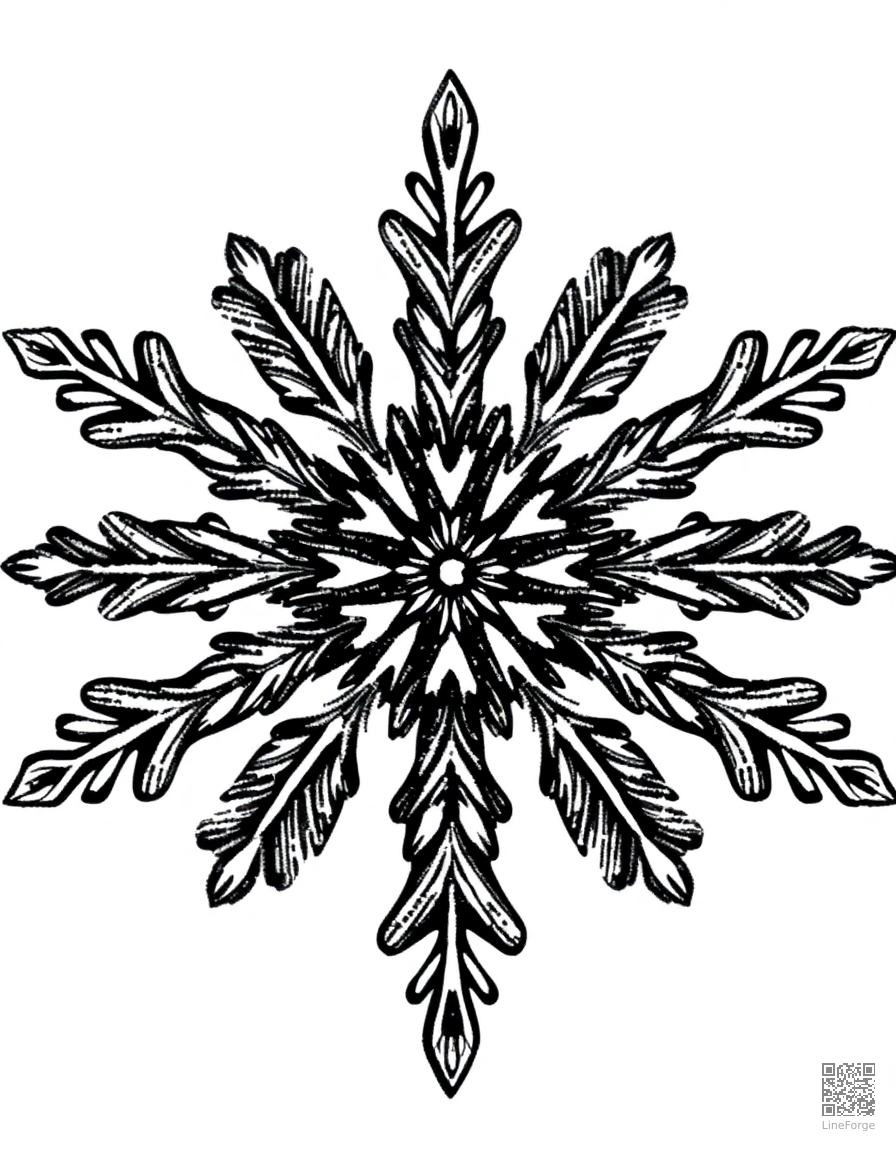 snowflake pattern close-up detailed design coloring page Crosshatch style - free printable