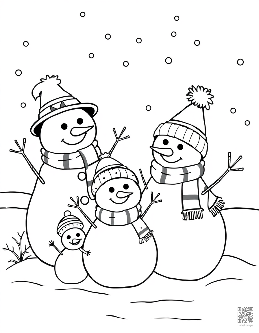 Snowman family in a winter wonderland coloring page Contour style - free printable