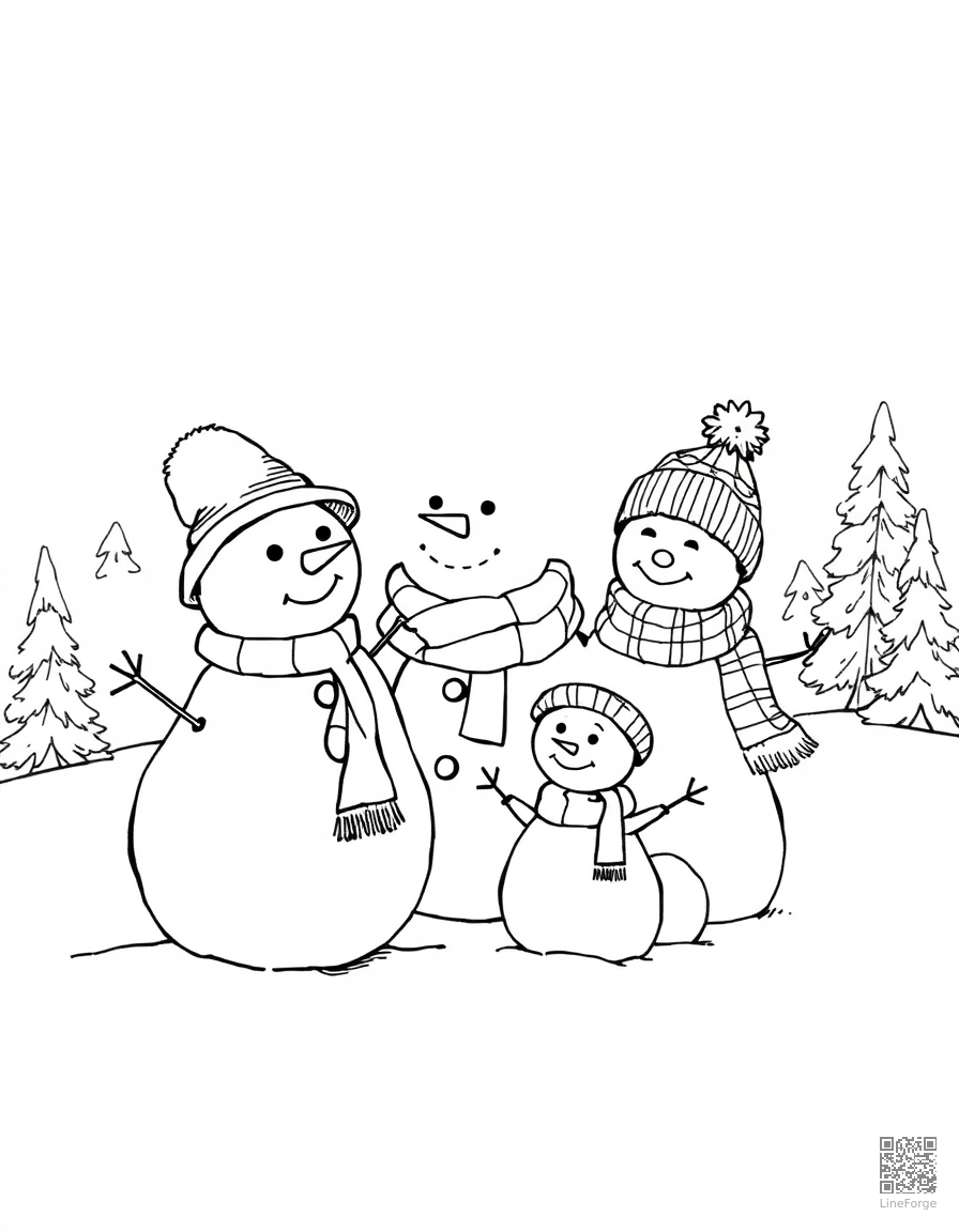 Snowman family in a winter wonderland coloring page Crosshatch style - free printable