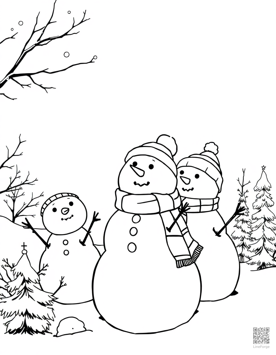 Snowman family in a winter wonderland coloring page Manga style - free printable