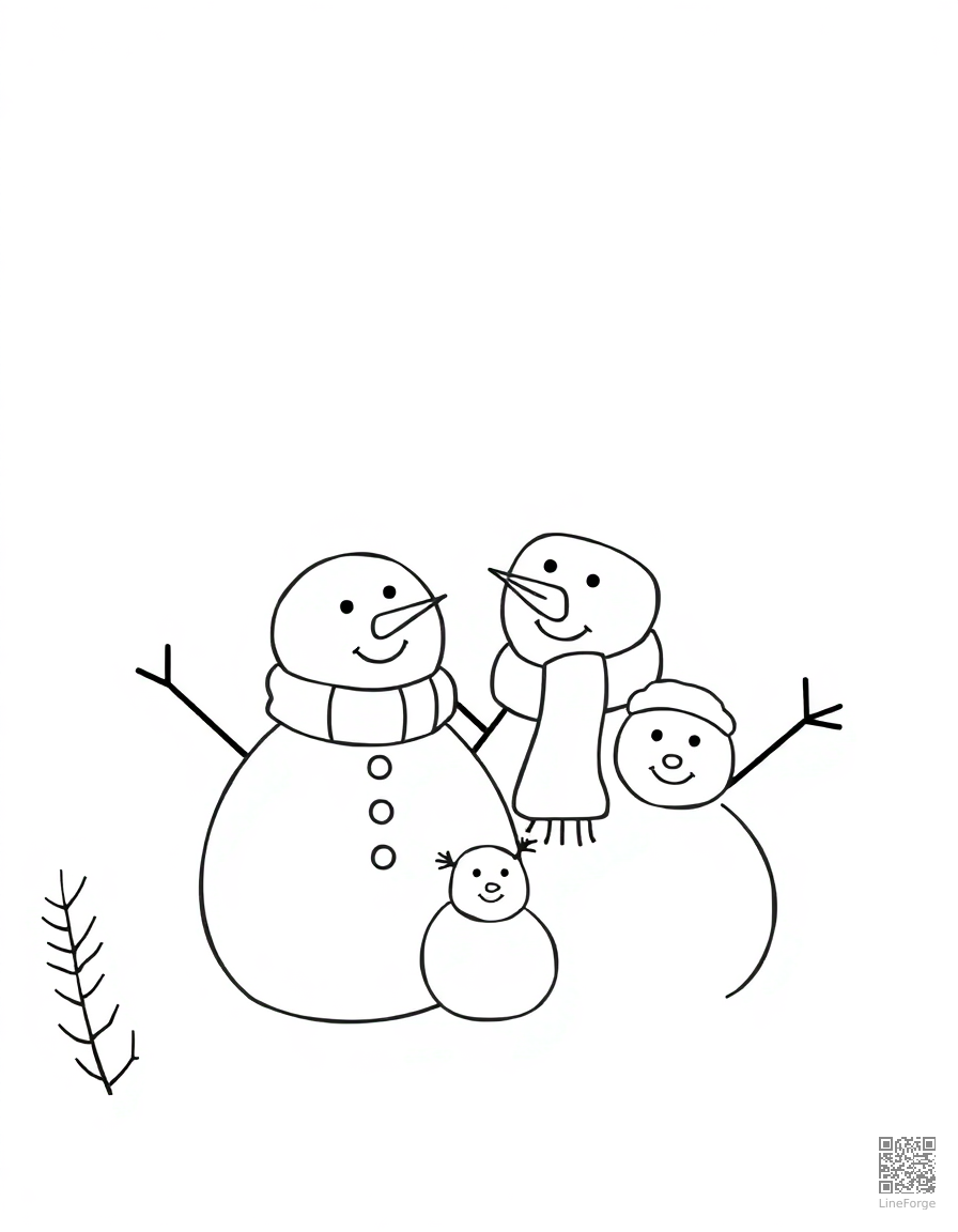 Snowman family in a winter wonderland coloring page Minimal style - free printable