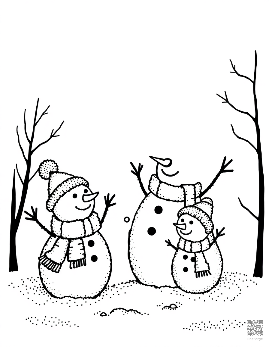 Snowman family in a winter wonderland coloring page Stipple style - free printable