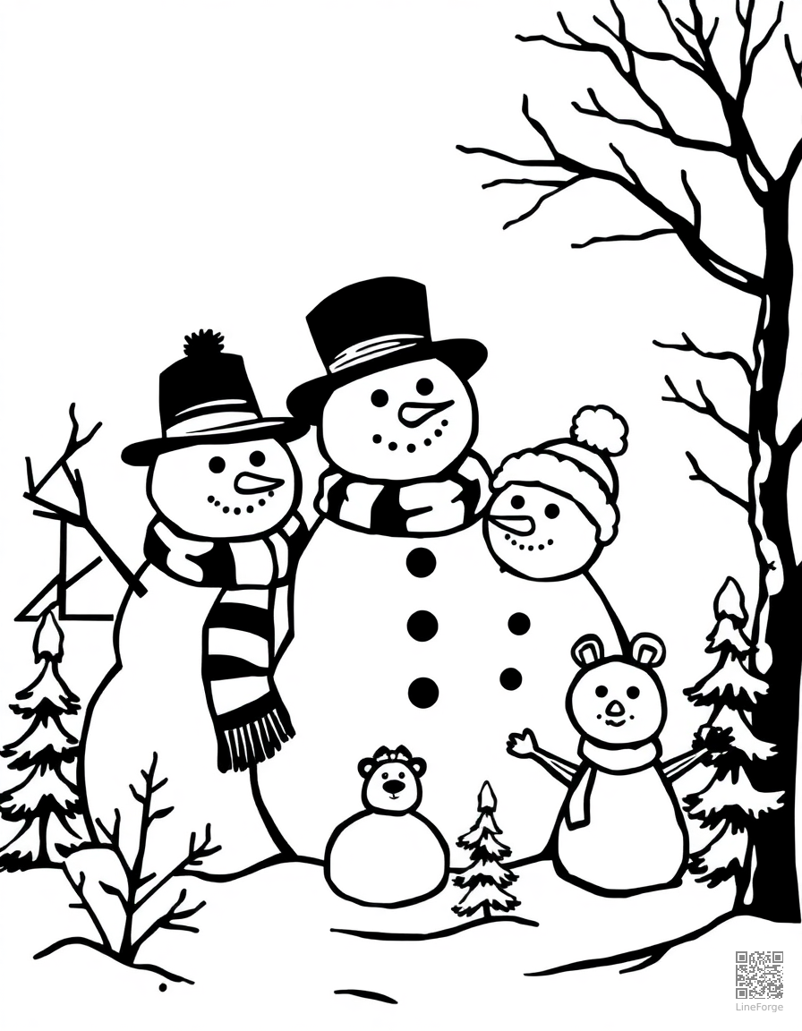 Snowman family in a winter wonderland coloring page Woodcut style - free printable