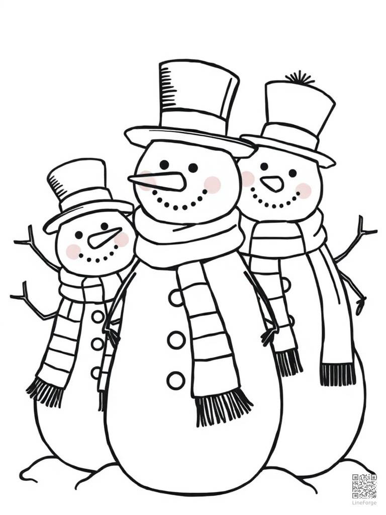 Snowman family with scarves and top hats coloring page Contour style - free printable
