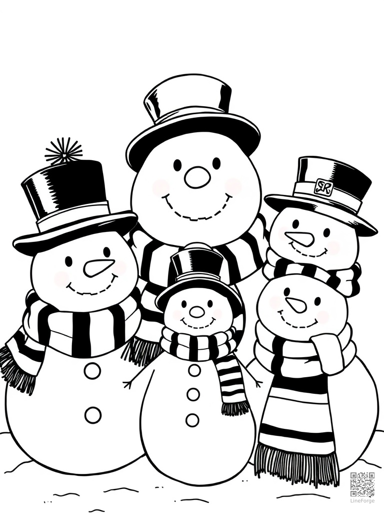 Snowman family with scarves and top hats coloring page Manga style - free printable