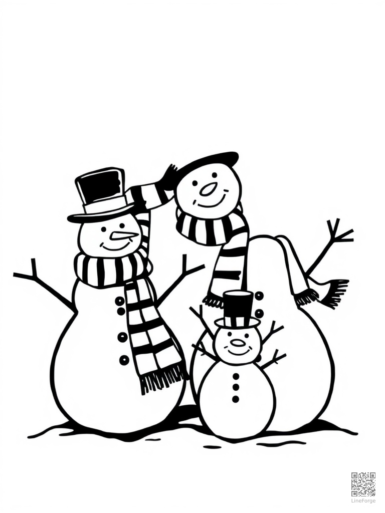 Snowman family with scarves and top hats coloring page Woodcut style - free printable