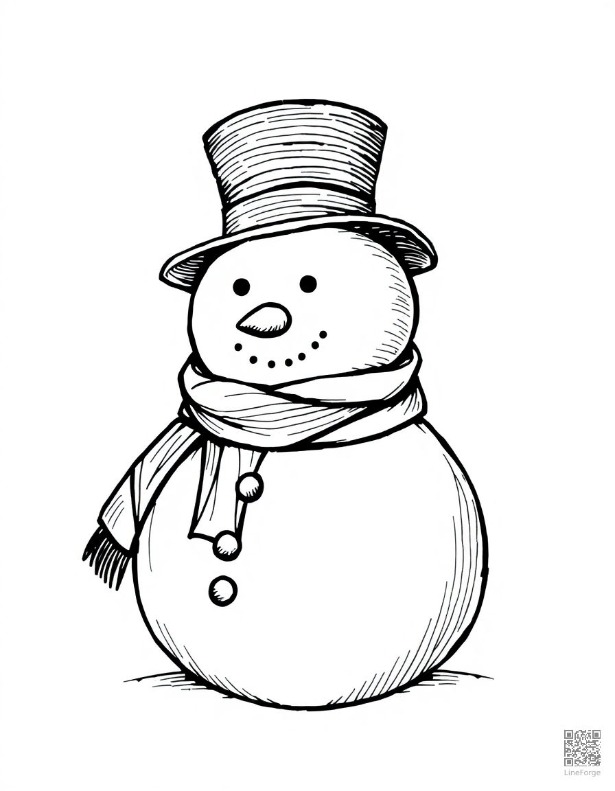 snowman wearing a top hat and scarf coloring page Crosshatch style - free printable