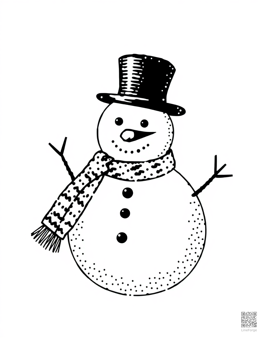 snowman wearing a top hat and scarf coloring page Stipple style - free printable