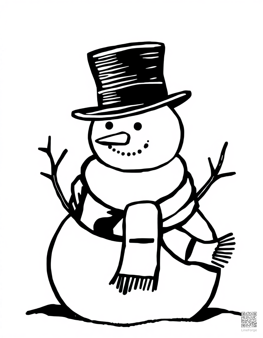 snowman wearing a top hat and scarf coloring page Woodcut style - free printable