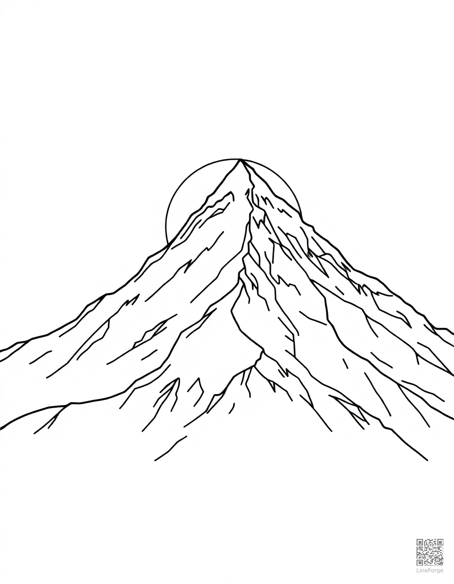 snowy mountain peak at sunrise coloring page Contour style - free printable