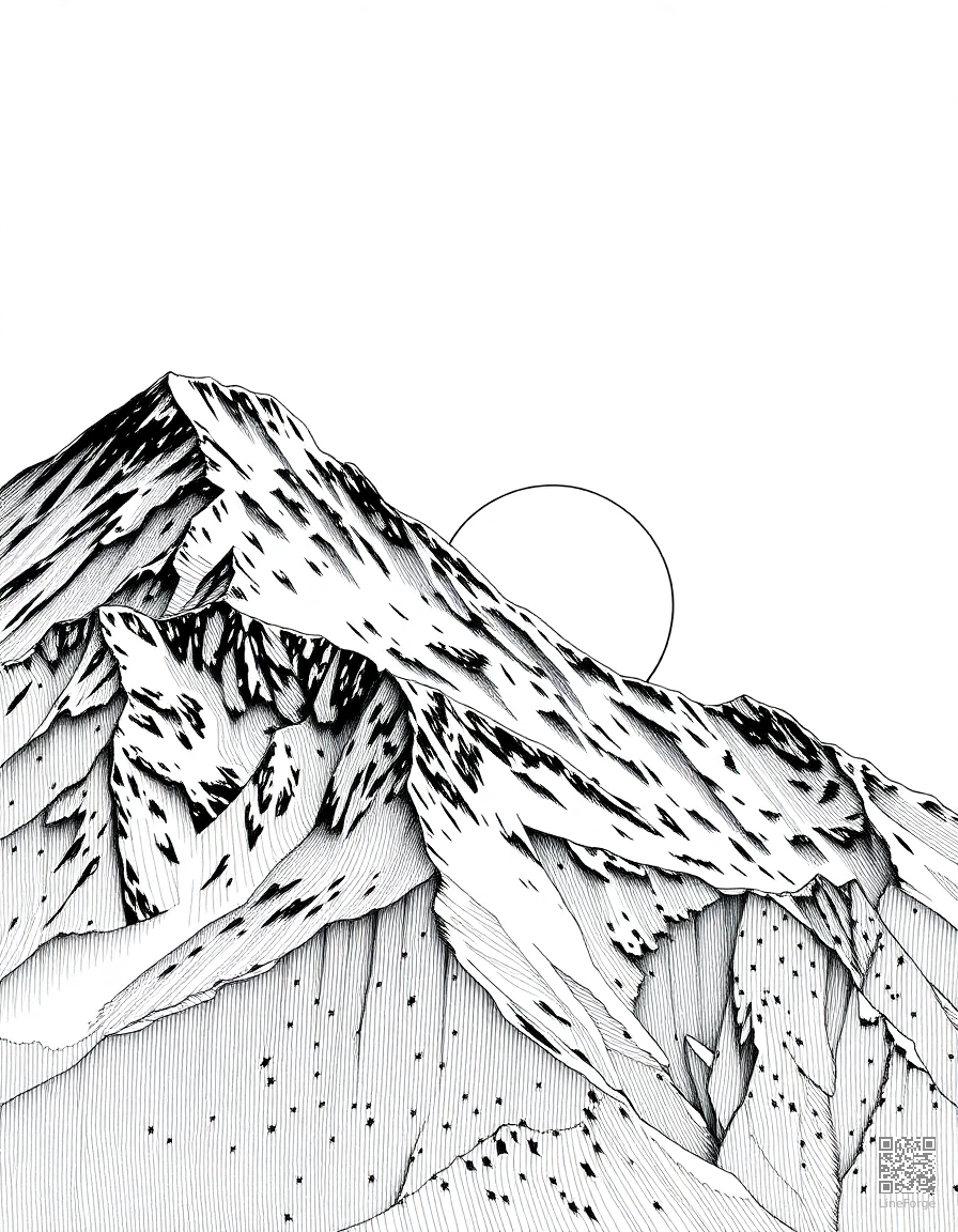 snowy mountain peak at sunrise coloring page Crosshatch style - free printable