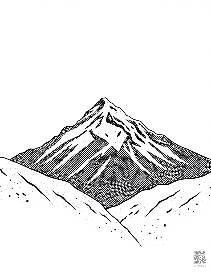 snowy mountain peak at sunrise coloring page Stipple style - free printable