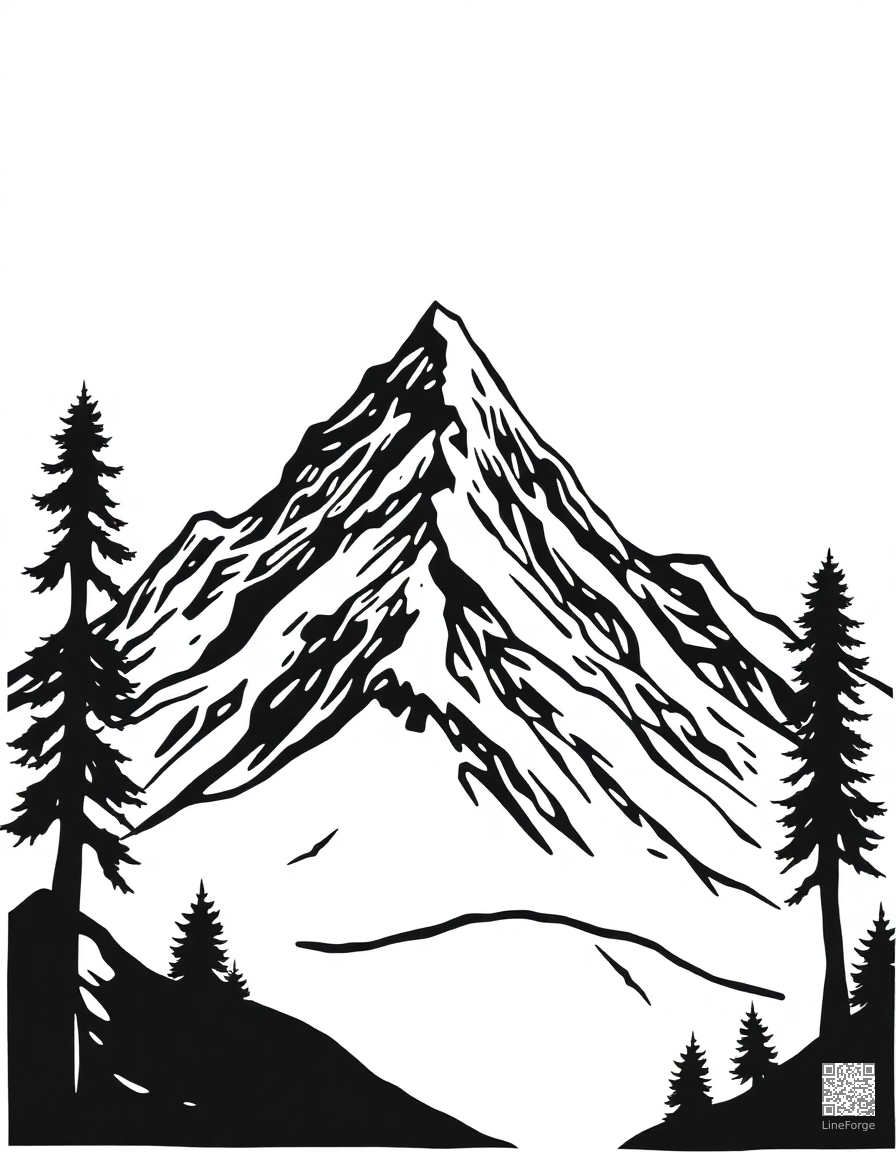 snowy mountain peak at sunrise coloring page Woodcut style - free printable