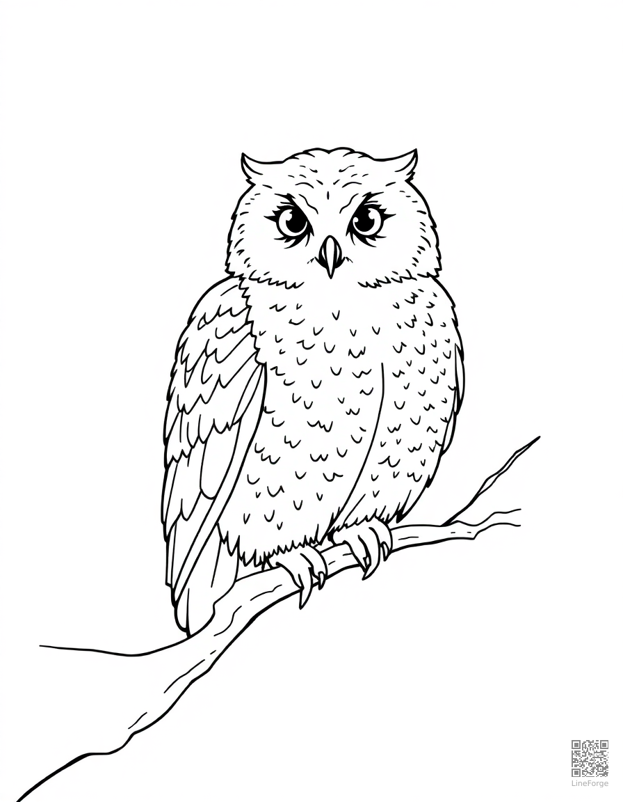 snowy owl perched on a branch in winter coloring page Contour style - free printable