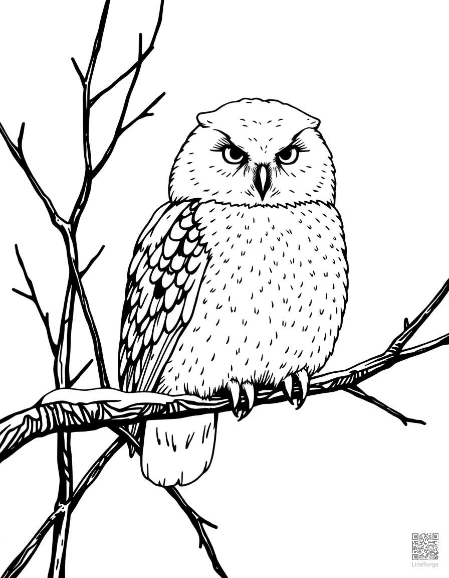 snowy owl perched on a branch in winter coloring page Crosshatch style - free printable