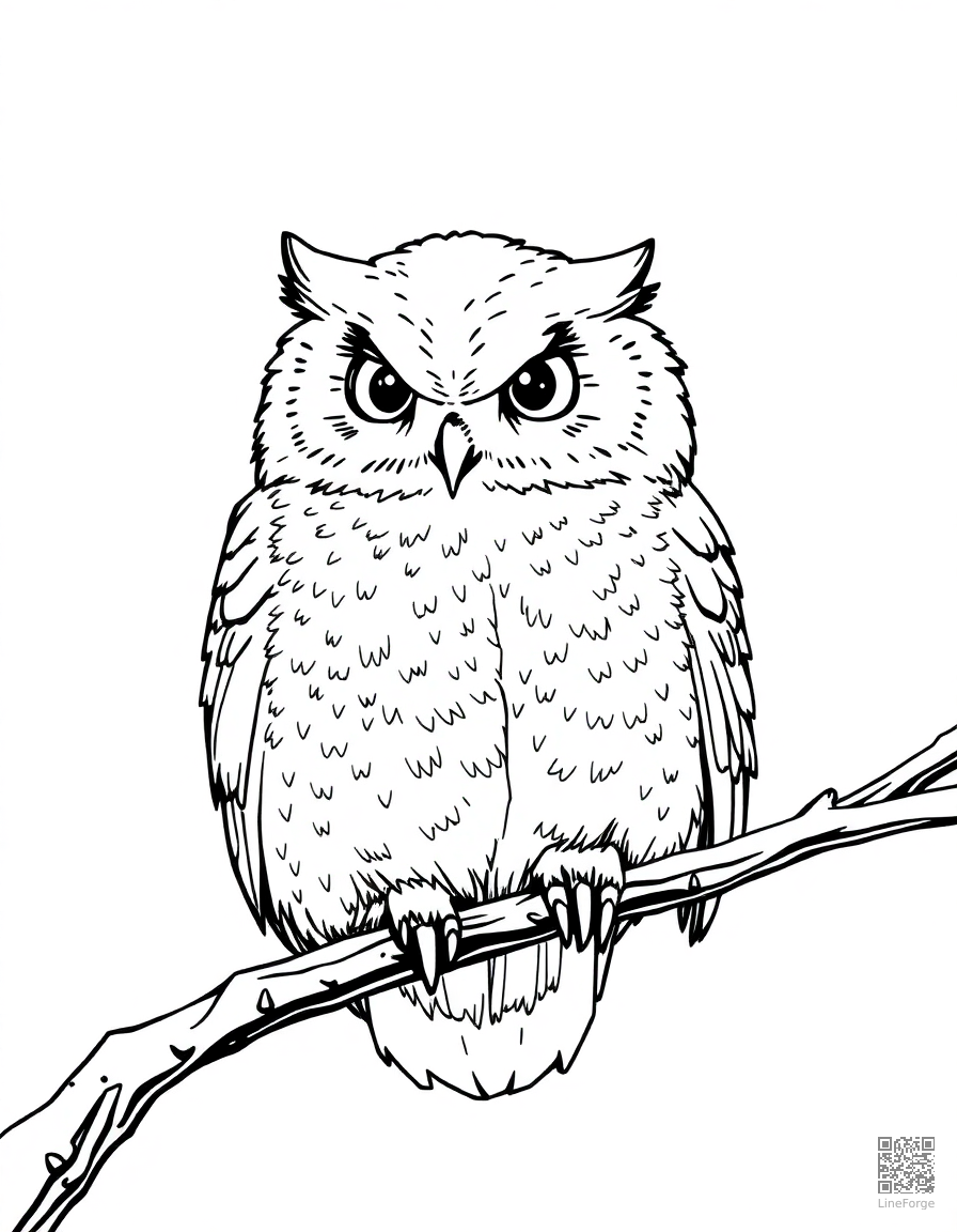 snowy owl perched on a branch in winter coloring page Manga style - free printable