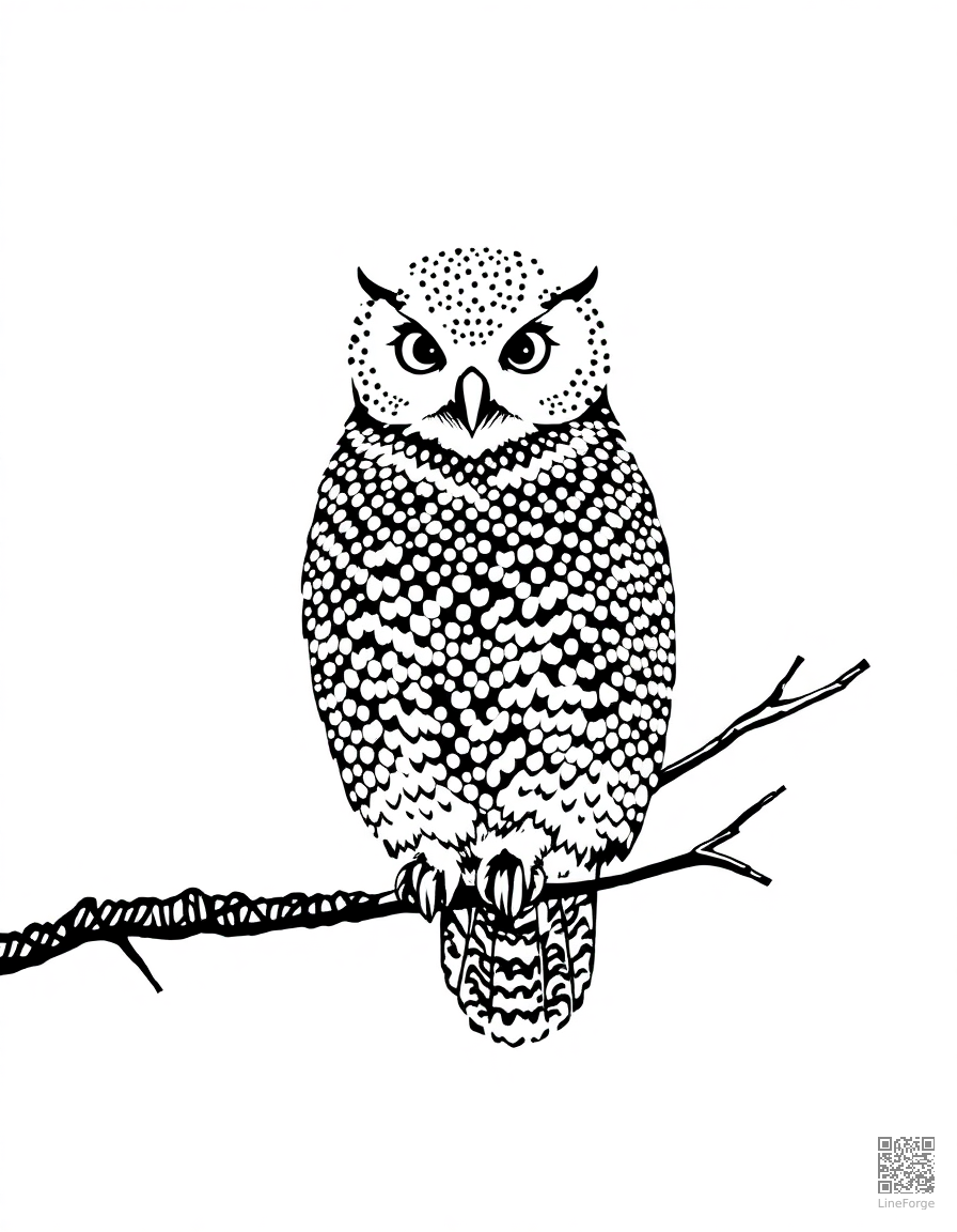 snowy owl perched on a branch in winter coloring page Stipple style - free printable