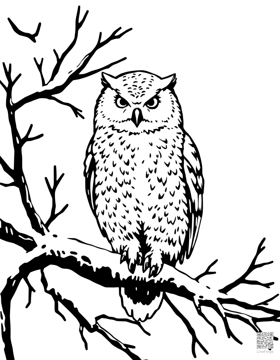 snowy owl perched on a branch in winter coloring page Woodcut style - free printable