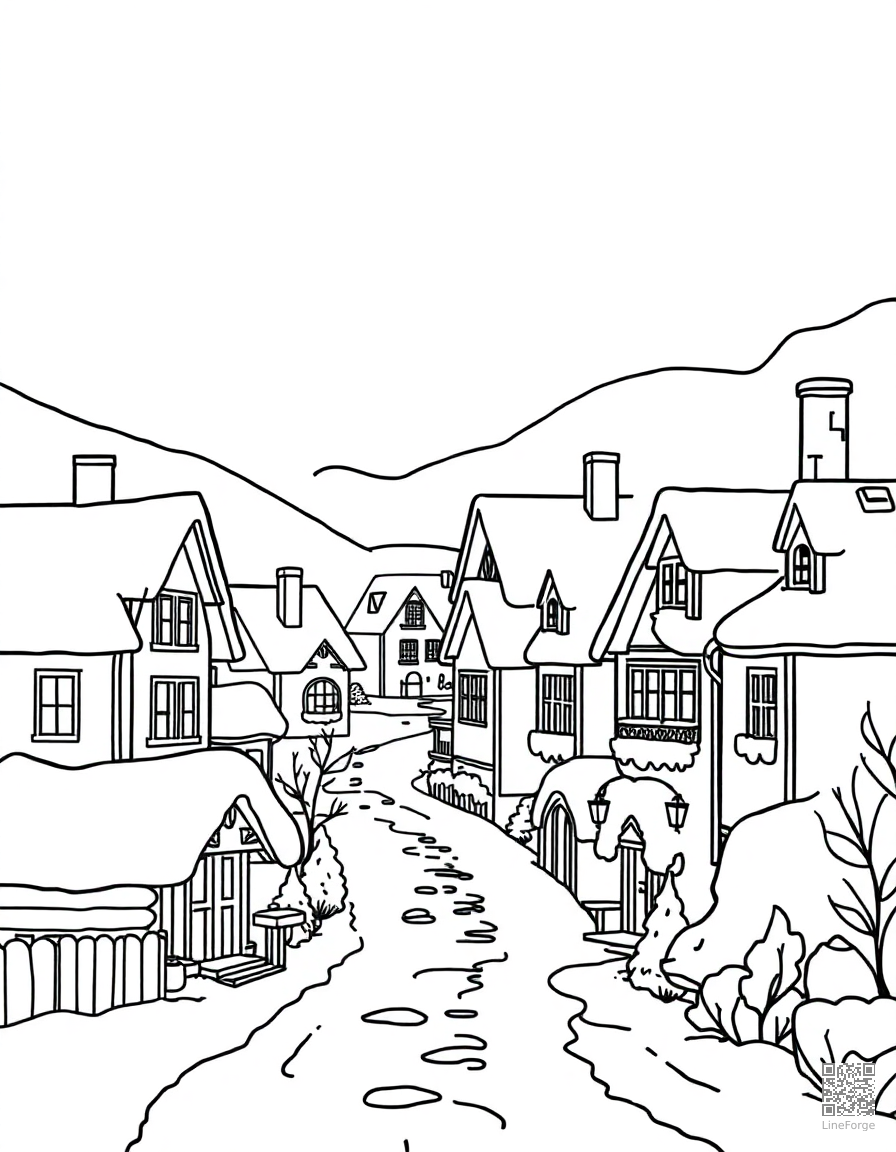 Snowy village with cozy houses coloring page Contour style - free printable