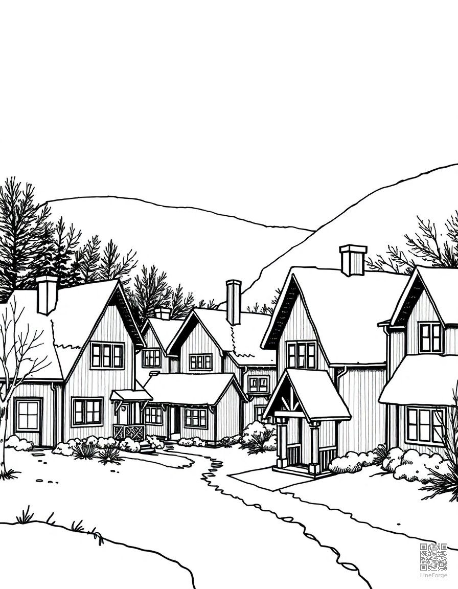 Snowy village with cozy houses coloring page Crosshatch style - free printable