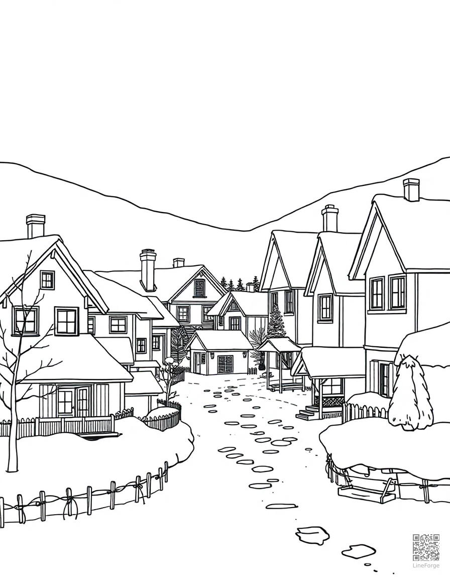 Snowy village with cozy houses coloring page Manga style - free printable