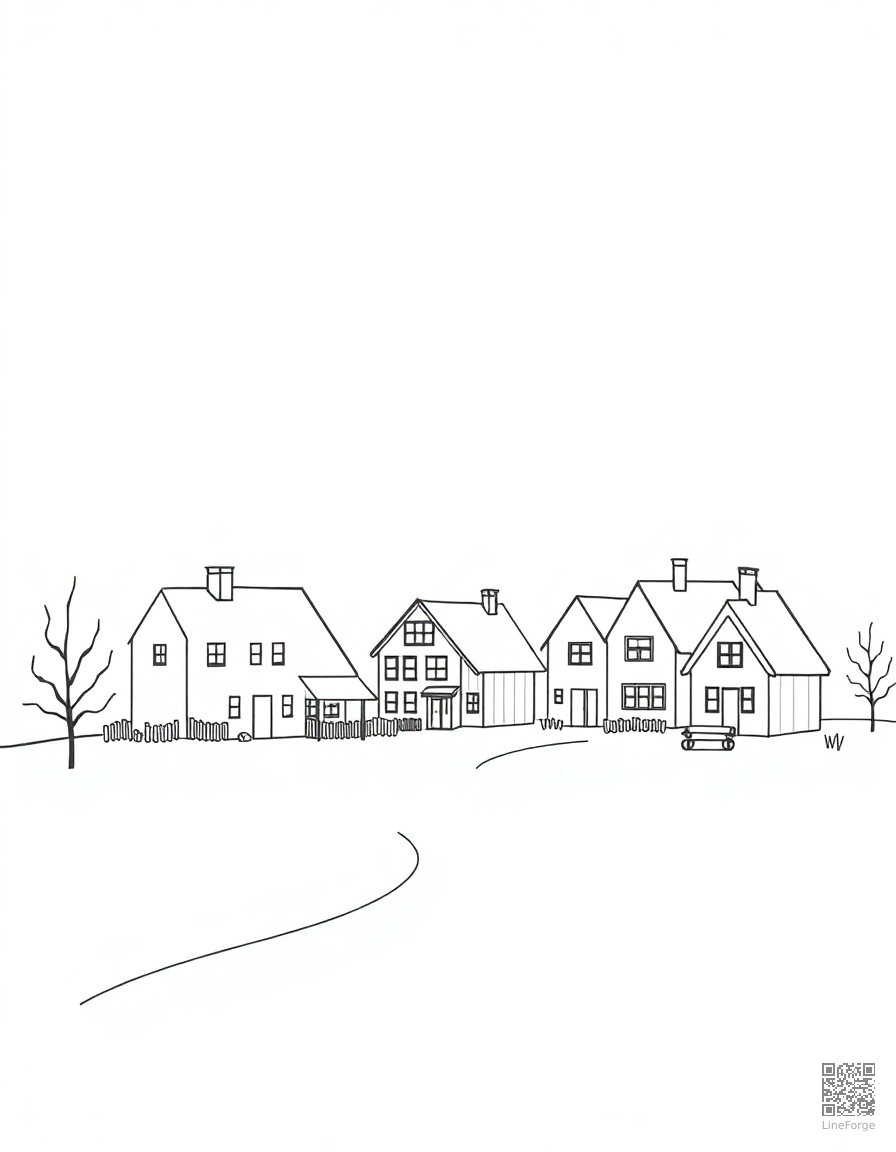 Snowy village with cozy houses coloring page Minimal style - free printable