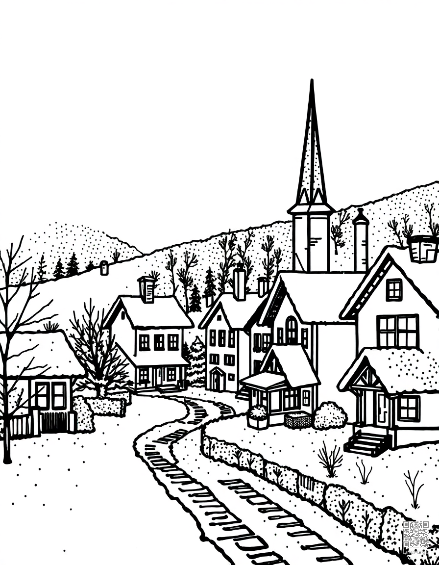 Snowy village with cozy houses coloring page Stipple style - free printable