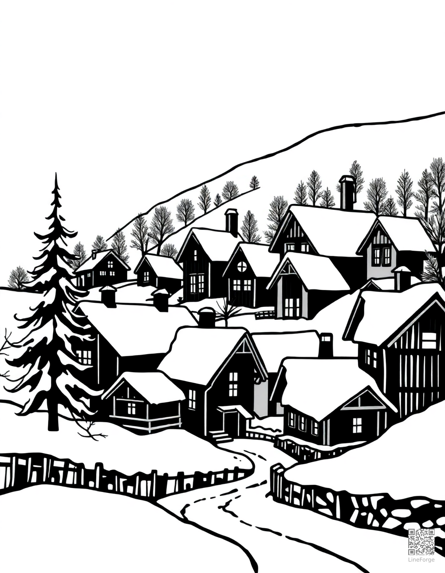 Snowy village with cozy houses coloring page Woodcut style - free printable