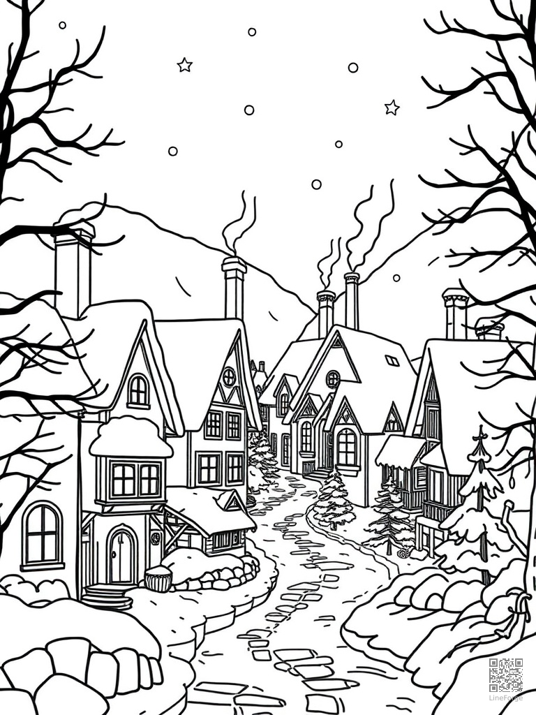 Snowy village with glowing windows and chimney smoke coloring page Contour style - free printable