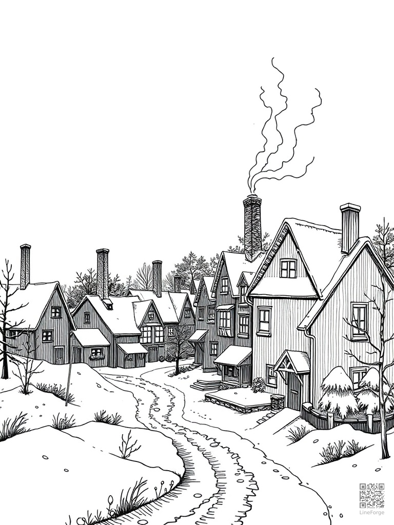 Snowy village with glowing windows and chimney smoke coloring page Crosshatch style - free printable
