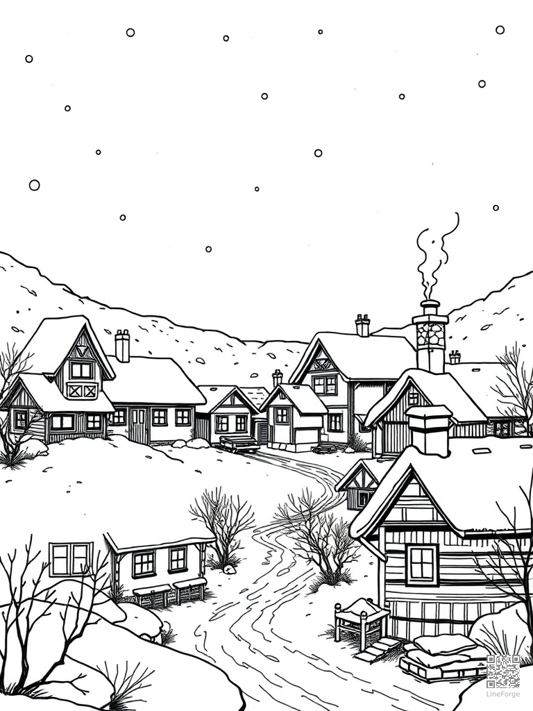Snowy village with glowing windows and chimney smoke coloring page Manga style - free printable