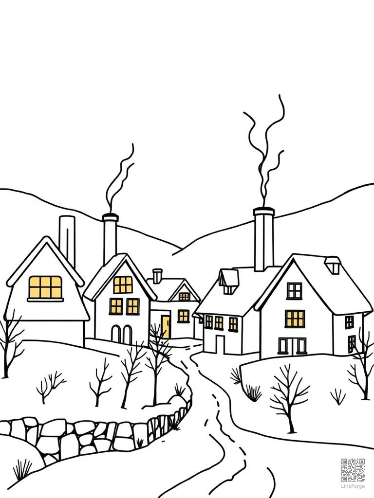 Snowy village with glowing windows and chimney smoke coloring page Minimal style - free printable