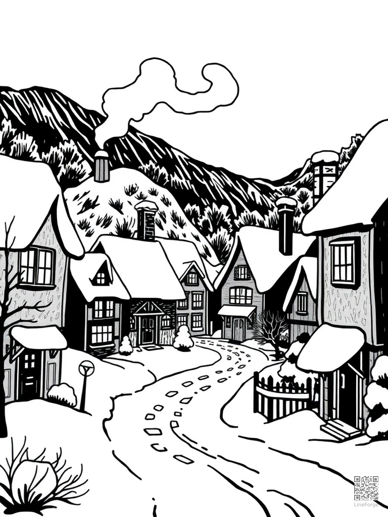 Snowy village with glowing windows and chimney smoke coloring page Woodcut style - free printable