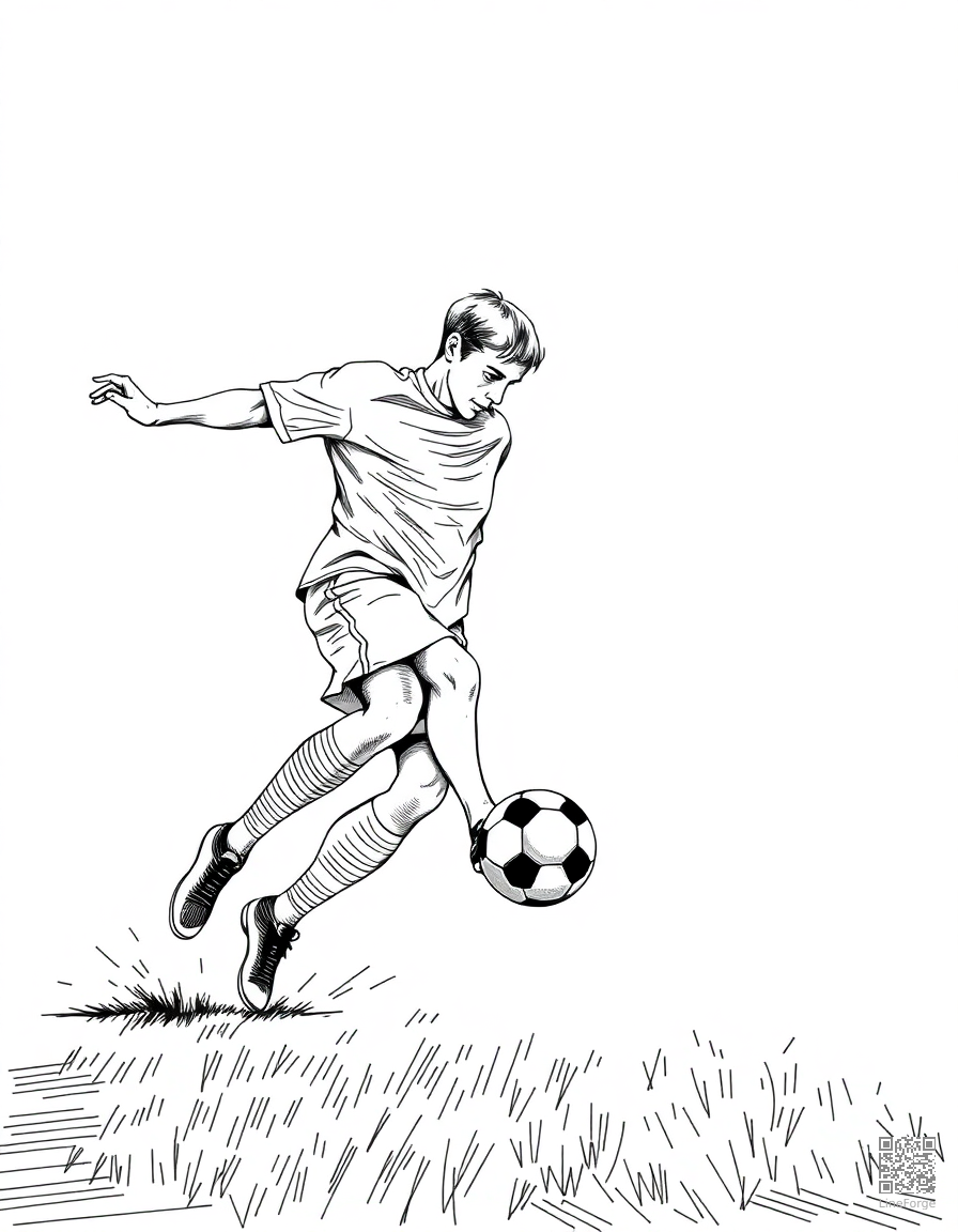 soccer player kicking a goal coloring page Crosshatch style - free printable