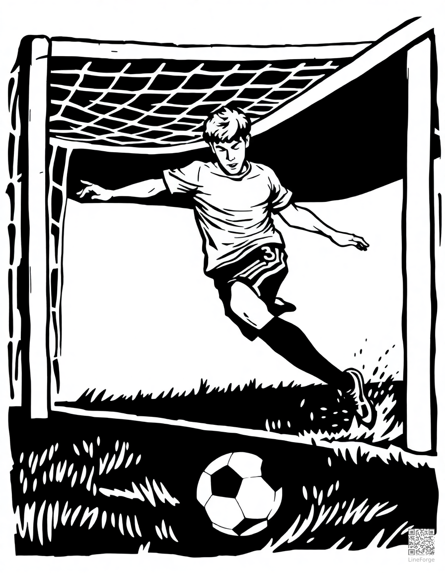 soccer player kicking a goal coloring page Woodcut style - free printable