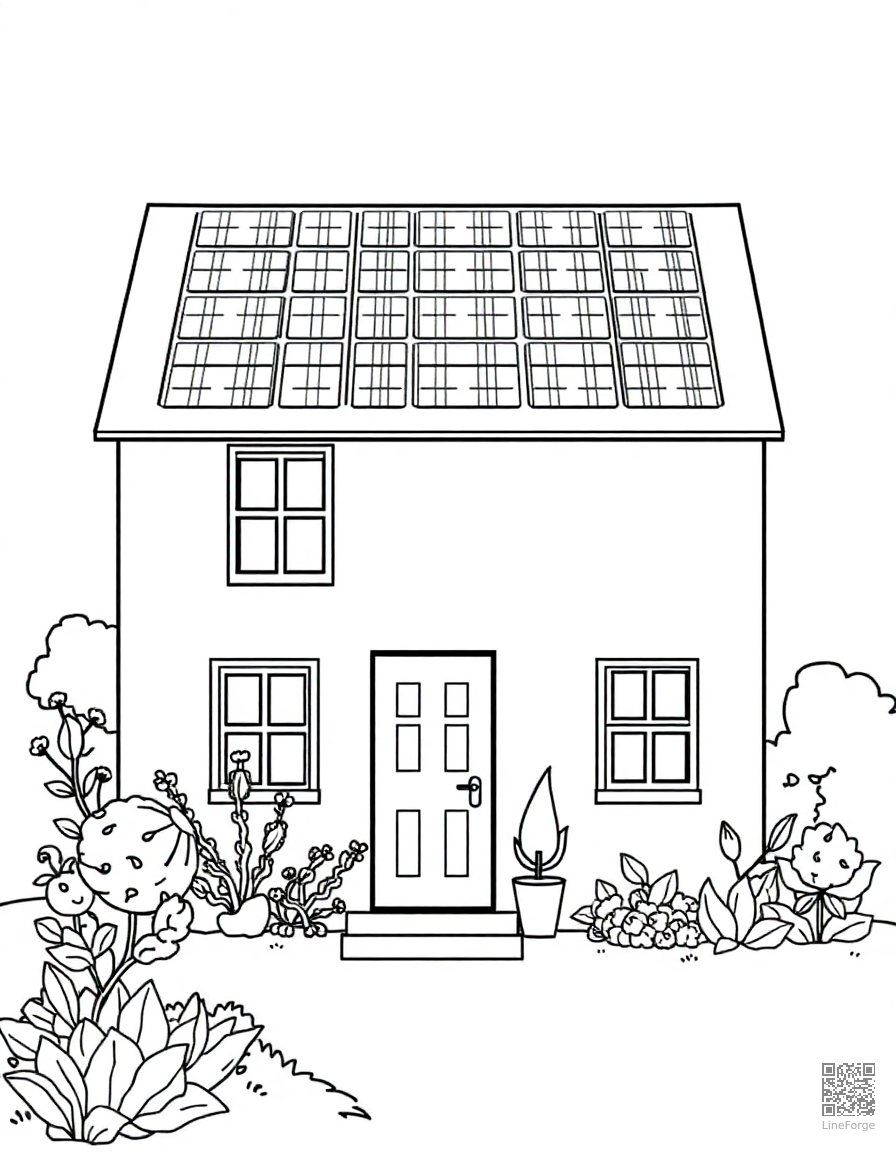 solar panel house with green garden coloring page Contour style - free printable