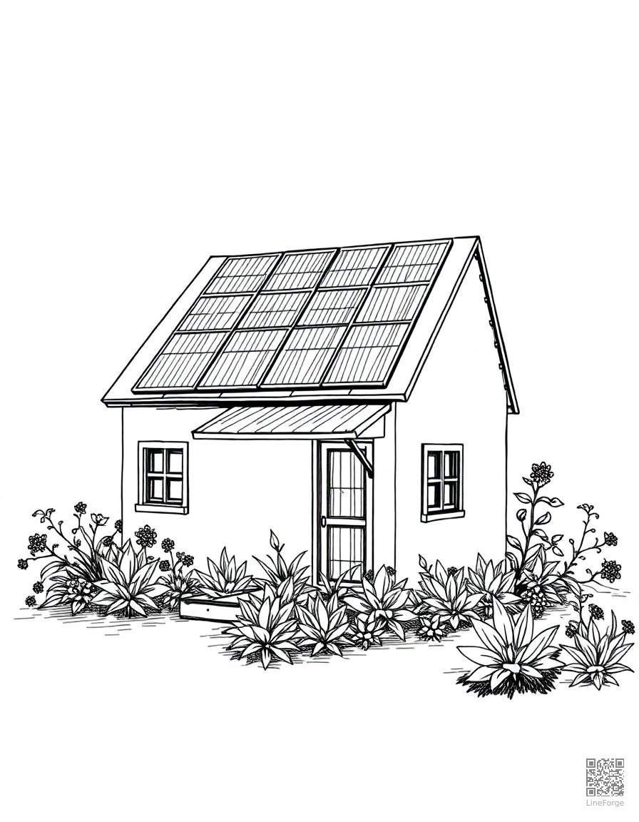 solar panel house with green garden coloring page Crosshatch style - free printable