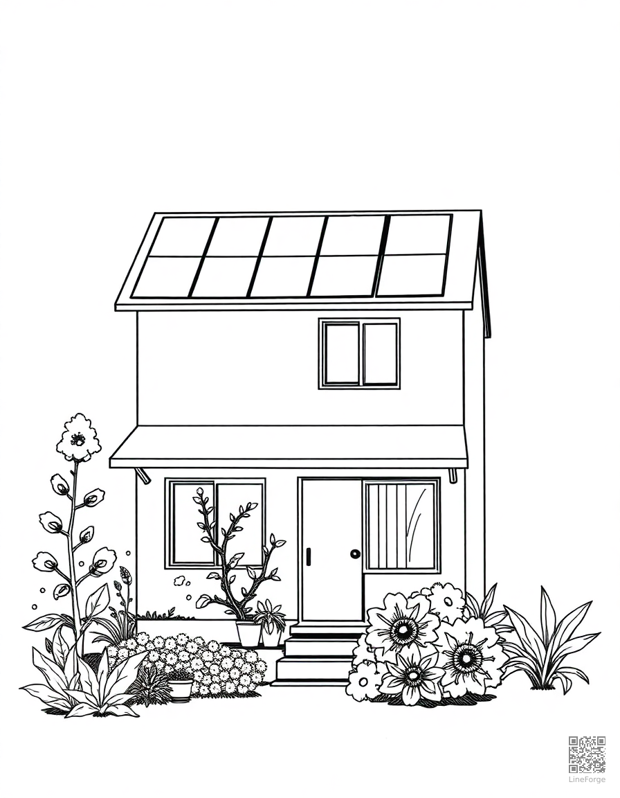 solar panel house with green garden coloring page Manga style - free printable