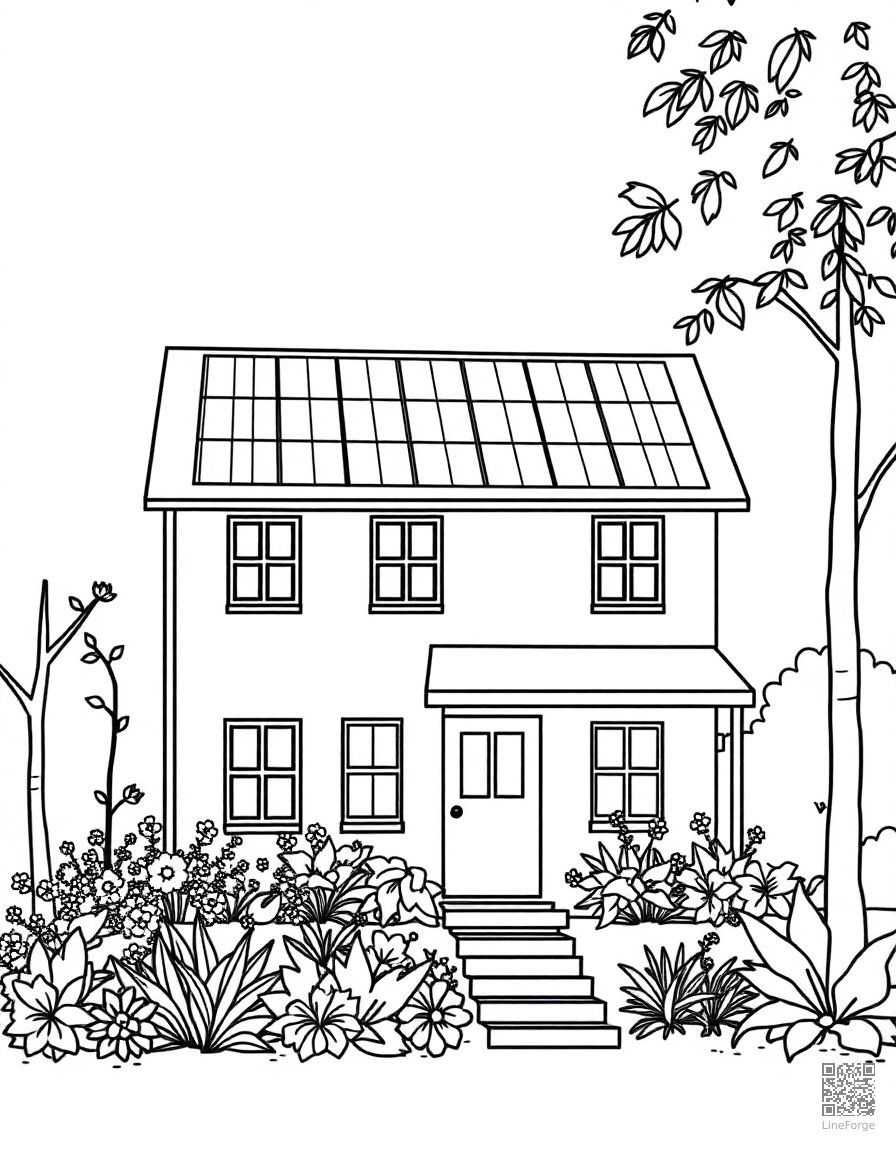 solar panel house with green garden coloring page Minimal style - free printable