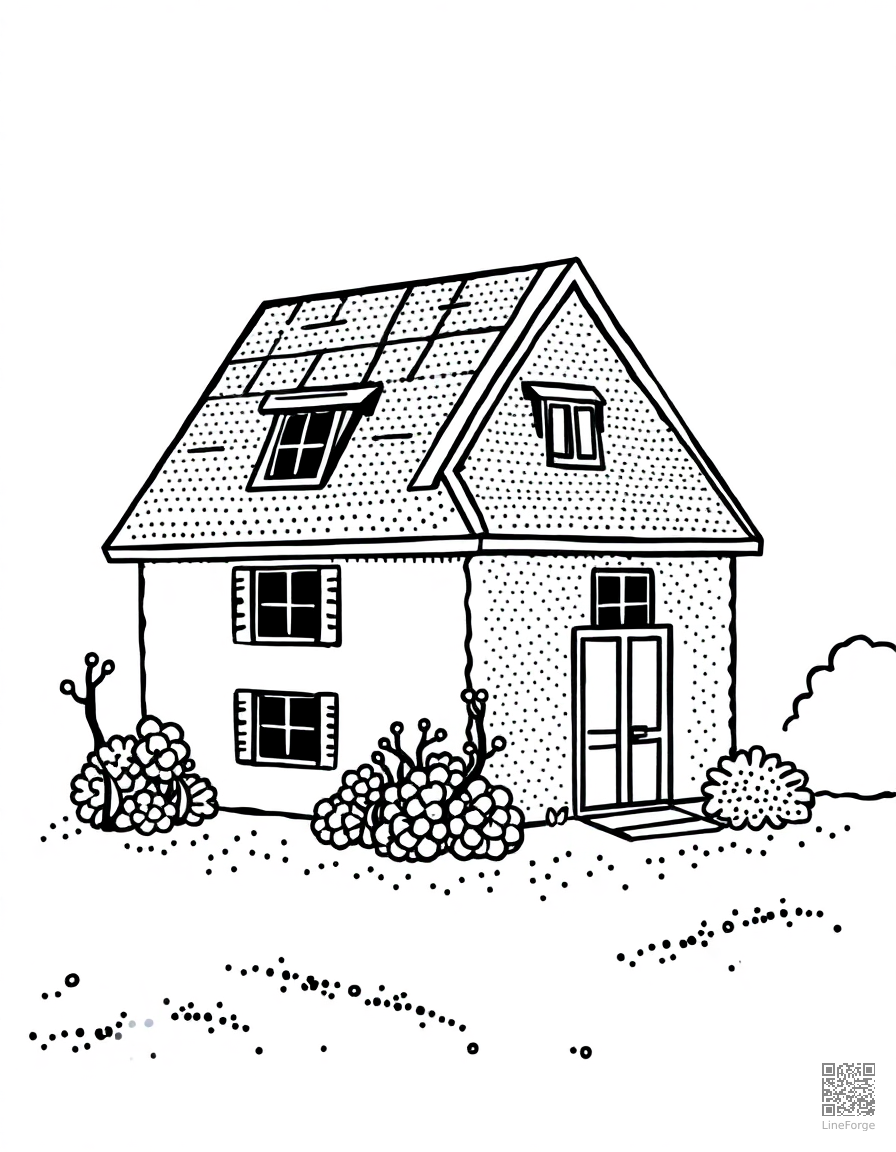 solar panel house with green garden coloring page Stipple style - free printable
