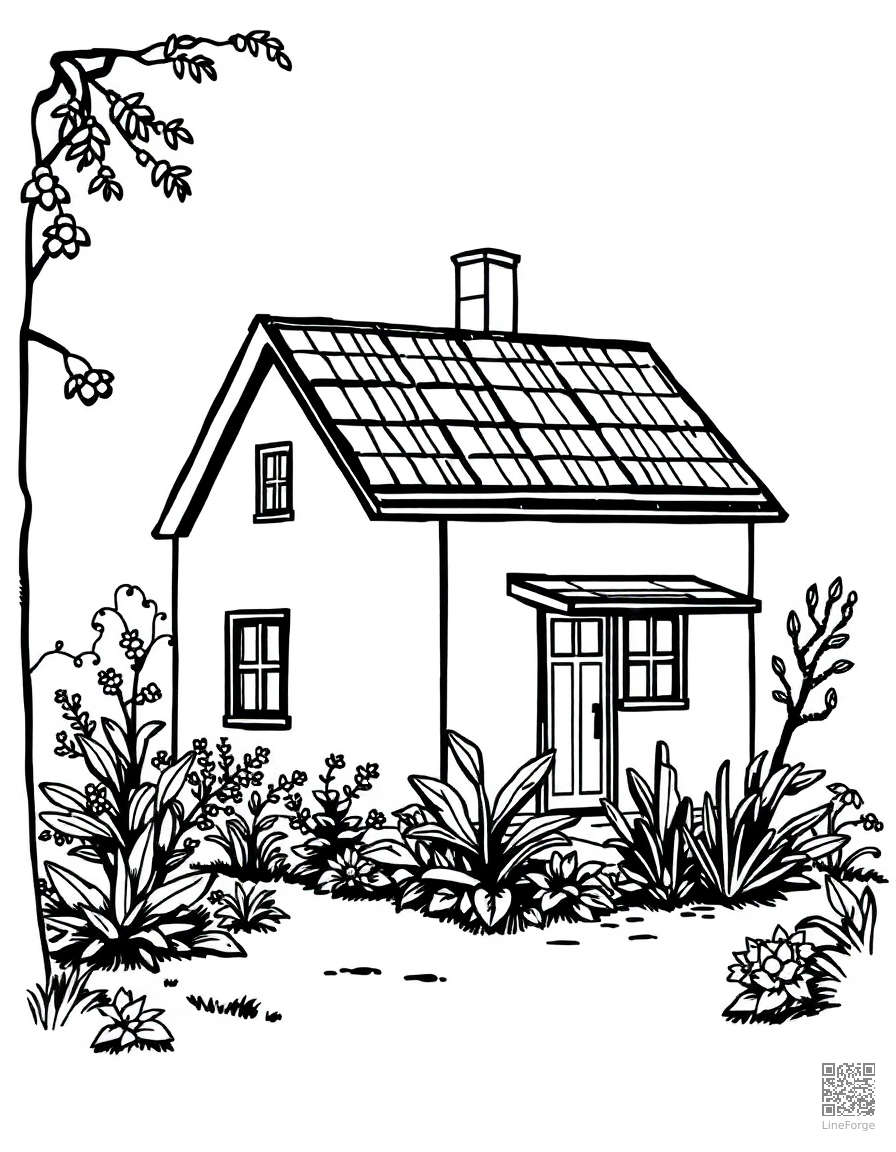 solar panel house with green garden coloring page Woodcut style - free printable