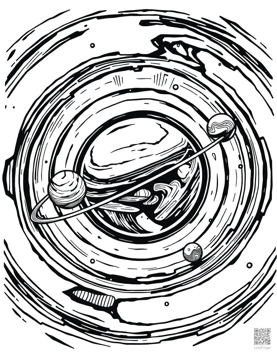 solar system diagram with labeled planets coloring page Woodcut style - free printable